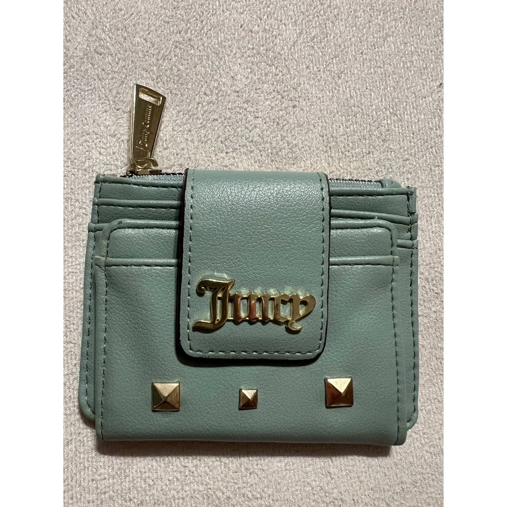 Juicy Couture Sage Green Card Holder Wallet Gold Studded ID Window Zip Pocket